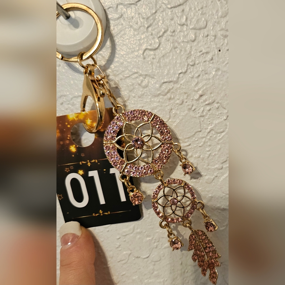 New pink and gold pink gem dangled bag charm with clip